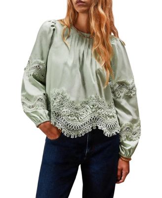 Lace Panel Insert Long Sleeve Blouse