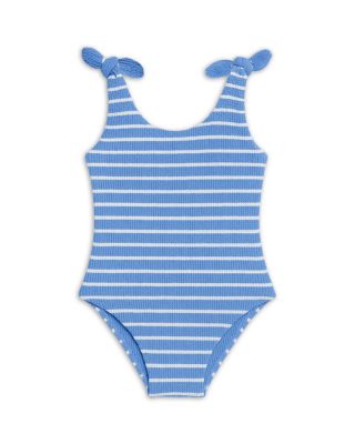 Girls' Crinkled Striped One Piece Swimsuit With Bow Straps - Big Kid