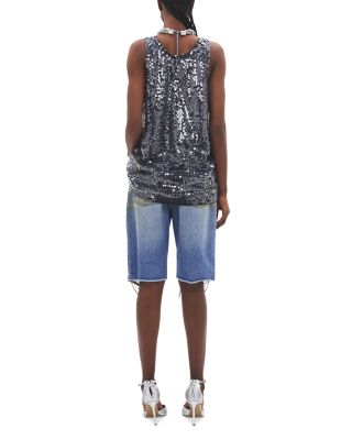 Crystal Strands Frayed Denim Shorts