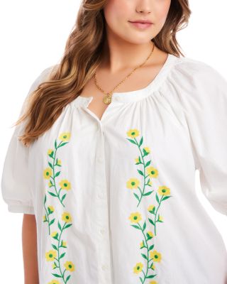 Plus Size Puff Sleeve Embroidered Peasant Top