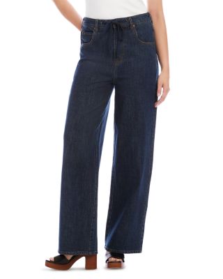 Denim High Rise Drawstring Wide-Leg Jeans in Denim