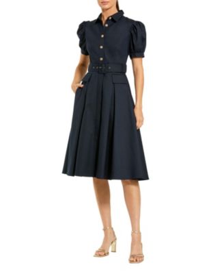  Puff Sleeve Twill Button Up Midi Dress With Belt