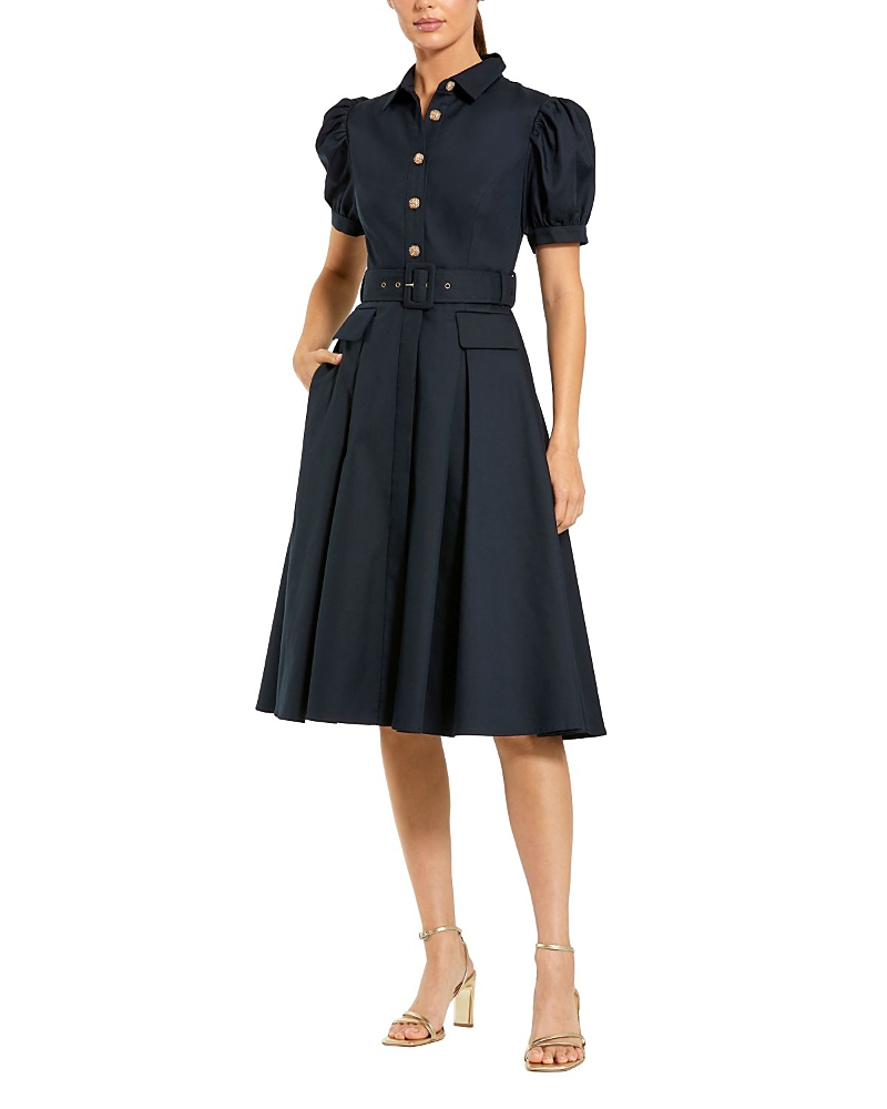Mac Duggal Puff Sleeve Twill Button Up Midi Dress With Belt