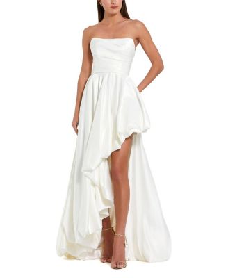  Petite Strapless High-Low Satin Gown with Draped Skirt