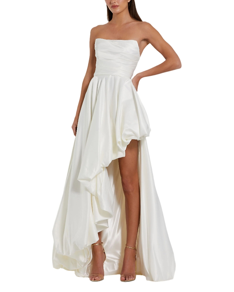 Mac Duggal Petite Strapless High-Low Satin Gown with Draped Skirt