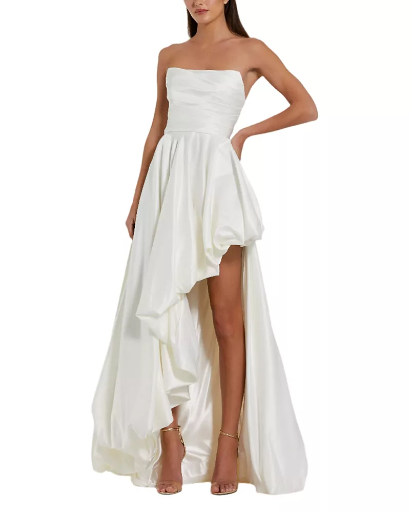 Mac Duggal Petite Strapless High-Low Satin Gown with Draped Skirt