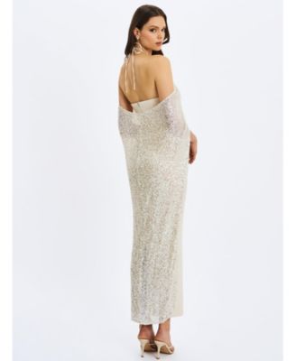  Quimera Beaded Cape Halter Off-Shoulder Maxi Gown