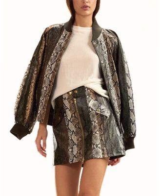  Snake Embossed Leather Bomber Jacket