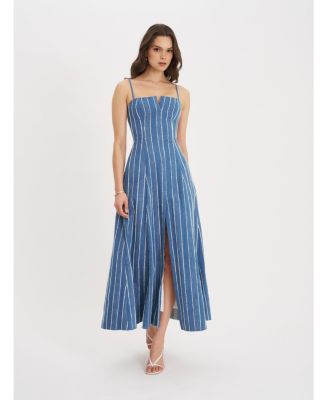  Abygail Stripe Cotton Denim Maxi Dress