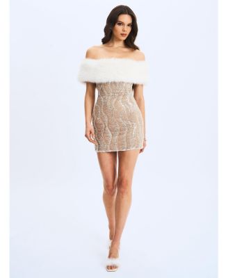  Averie Faux Fur Off-Shoulder Sequin Mini Dress