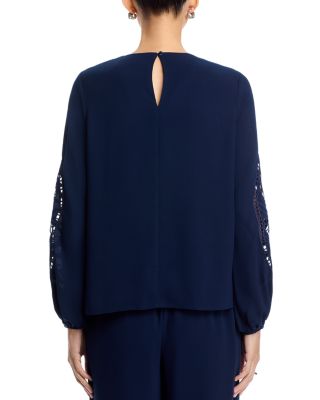 Embroidered Sleeve Crewneck Blouse