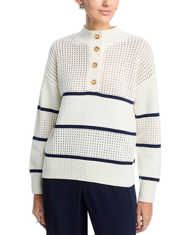 T Tahari Long Sleeve Half Button Down Mock Neck Stripe Pullover Sweater