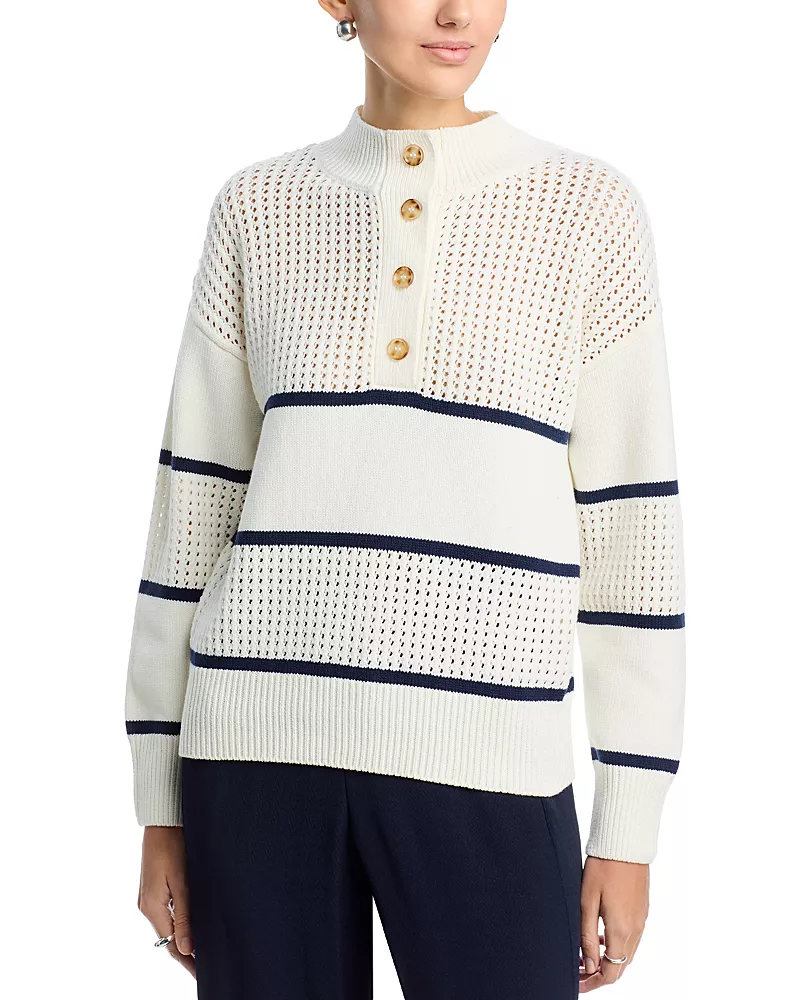 T Tahari Long Sleeve Half Button Down Mock Neck Stripe Pullover Sweater