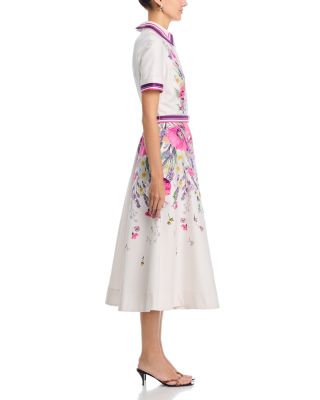 Cotton Shirtwaist Floral Print Stripe Trim Dress