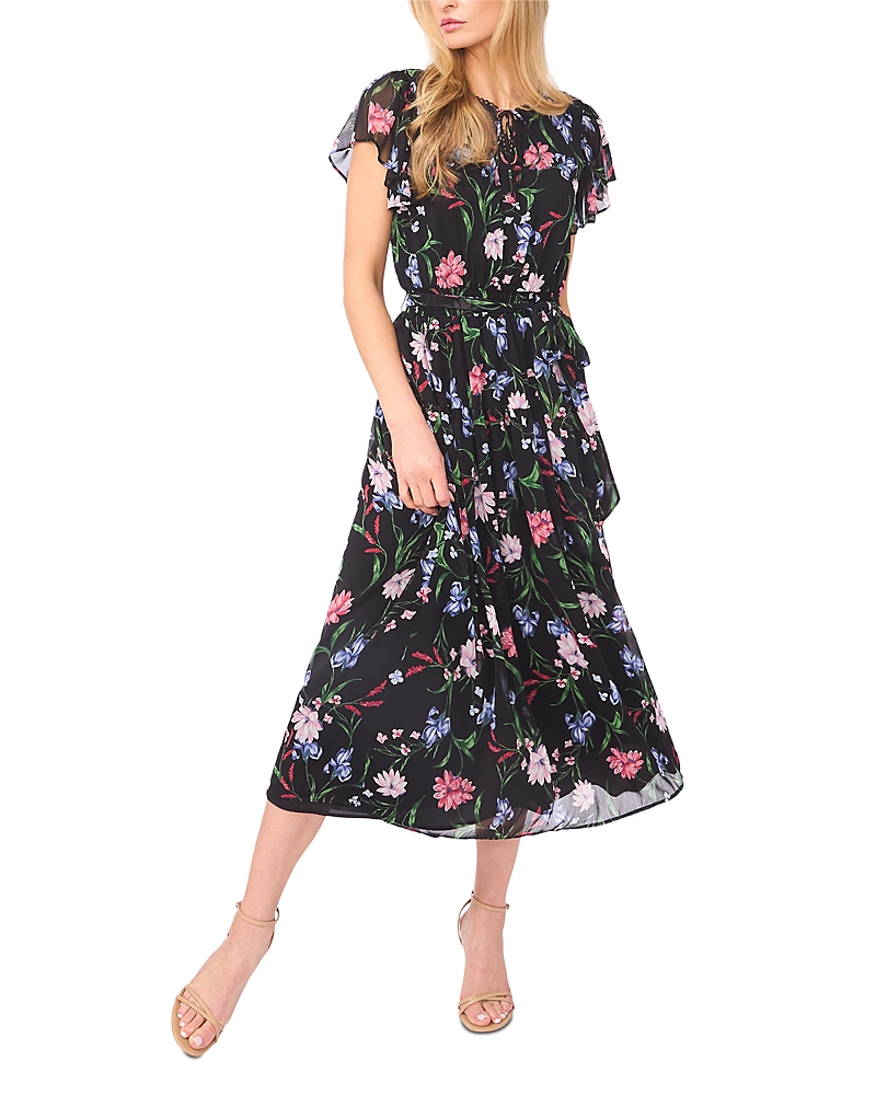CeCe Ruffle Short Sleeve Keyhole Tie Waist Dress