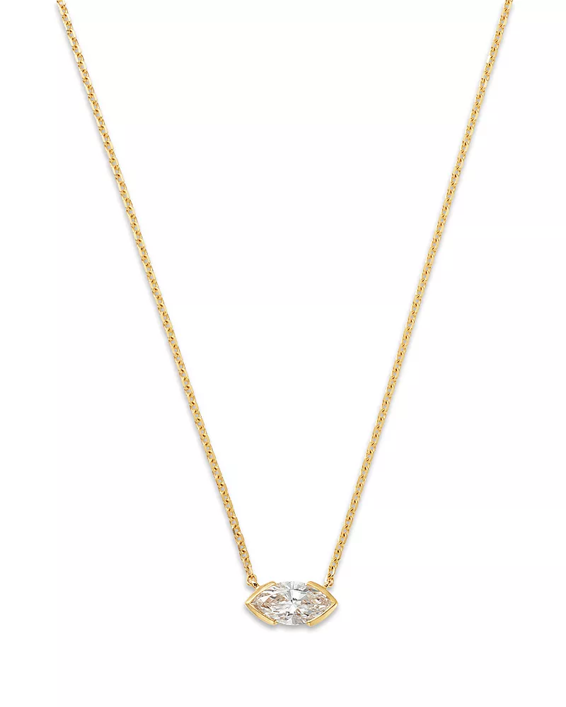 Moon & Meadow 14K Yellow Gold Lab Grown Diamond Marquis Half Bezel Solitaire Pendant Necklace, 16