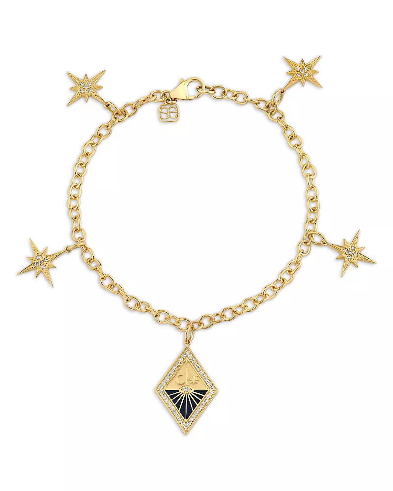 Sydney Evan 14K Yellow Gold Celestial Diamond Multi Starburst and Sundial Medallion Charm Bracelet