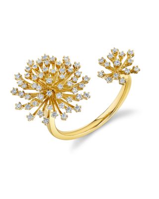 14K Yellow Gold Burst Diamond Flower Cuff Ring