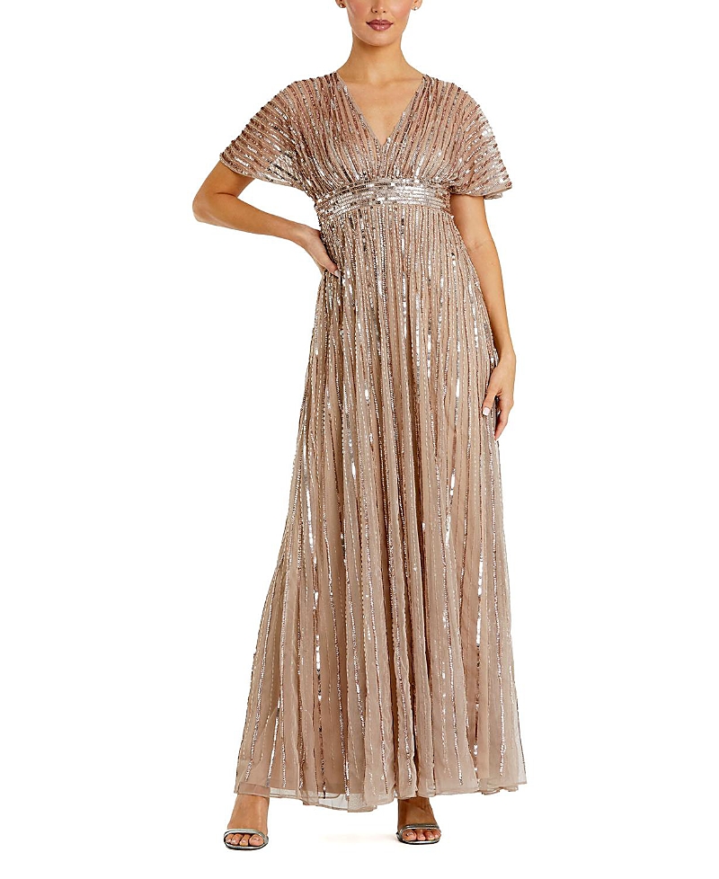 Mac Duggal Embellished Mesh V Neck Short Sleeve Gown