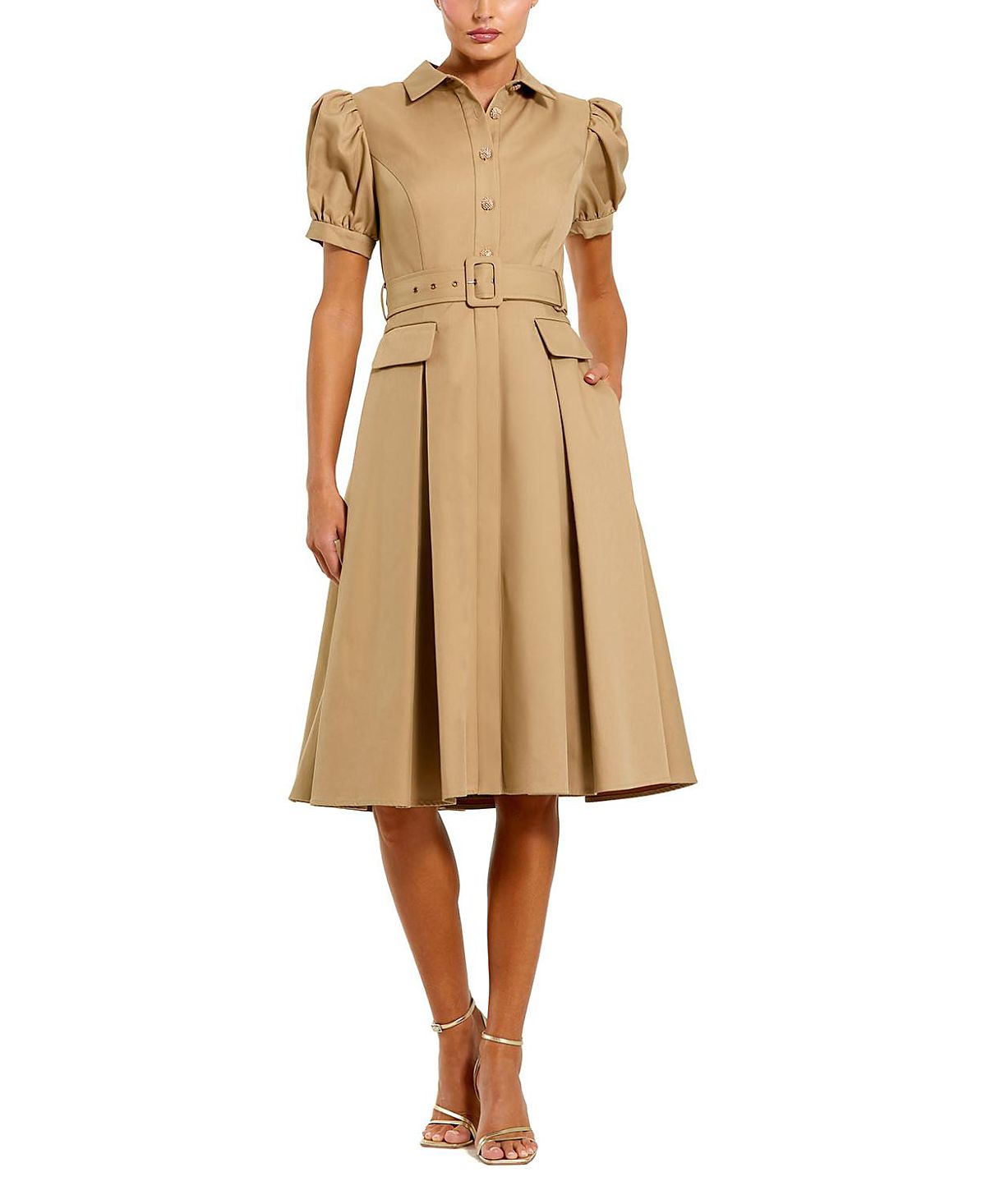 Mac Duggal Puff Sleeve Twill Button Up Midi Dress With Belt