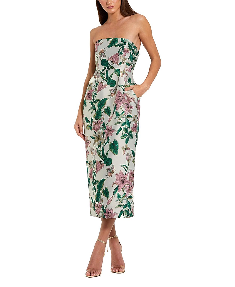 Mac Duggal Petite Floral Brocade Strapless Fitted Midi Dress