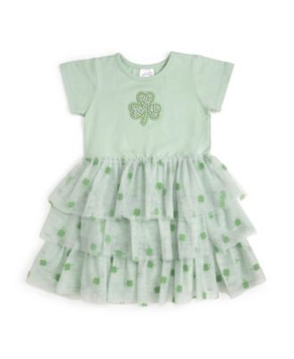 Girls' Flocked Shamrock St. Patrick's Day Tiered Short Sleeve Tutu Dress - Baby, Little Kid, Big Kid
