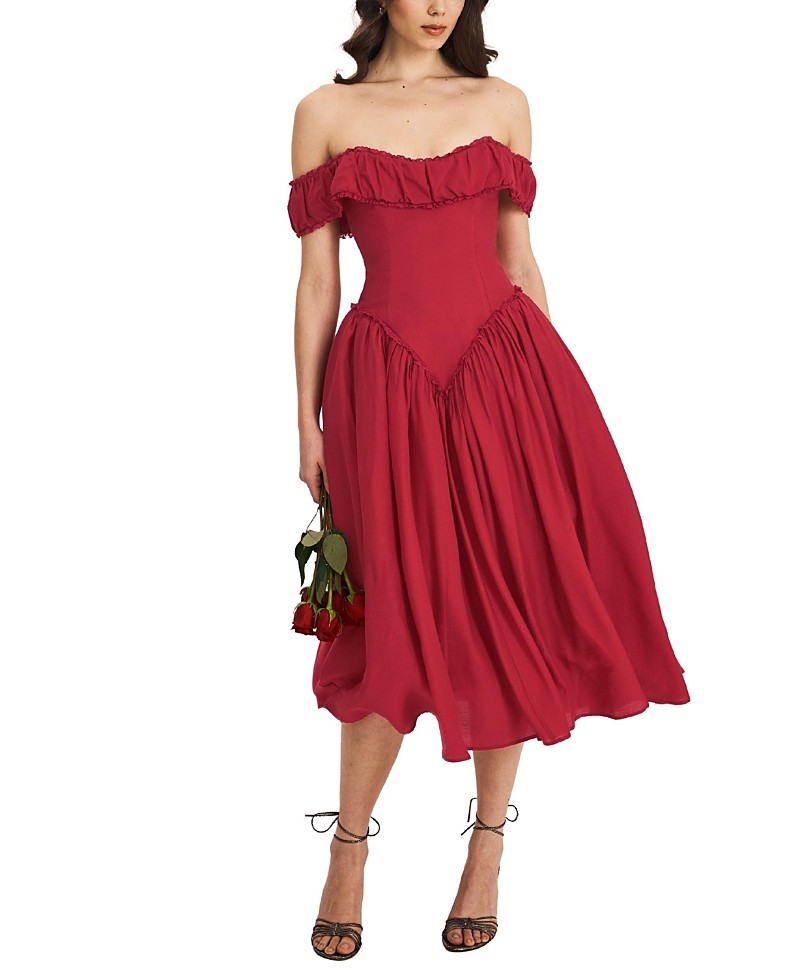 Miss Circle Xavy Drop Waist Off-Shoulder Corset Midi Dress