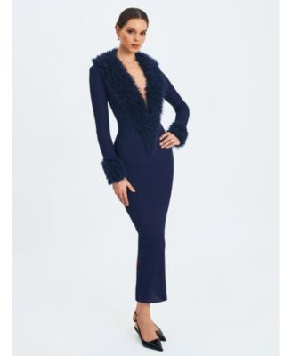  Romina Plunging Faux Fur Trimmed Crochet Maxi Dress