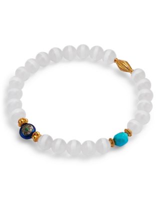 18K Yellow Gold & Sterling Silver Globe Trotter Multi Gemstone & Gray Diamond White Agate Beaded Bracelet
