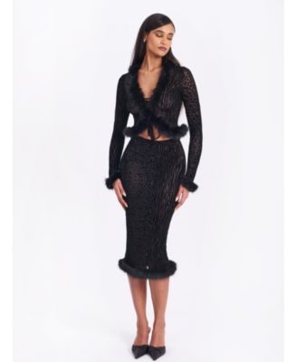 Halia Burnout Velvet Stretch Mesh Faux Fur Trim Skirt