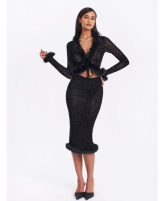 Halia Burnout Velvet Stretch Mesh Faux Fur Trim Skirt