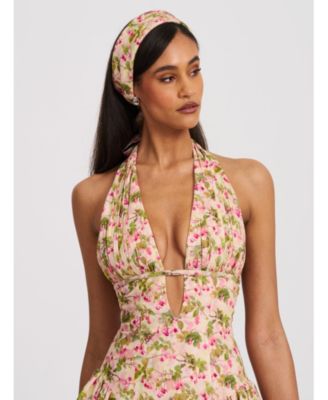 Mackenzie Floral Print Halter Linen Cotton Mini Dress