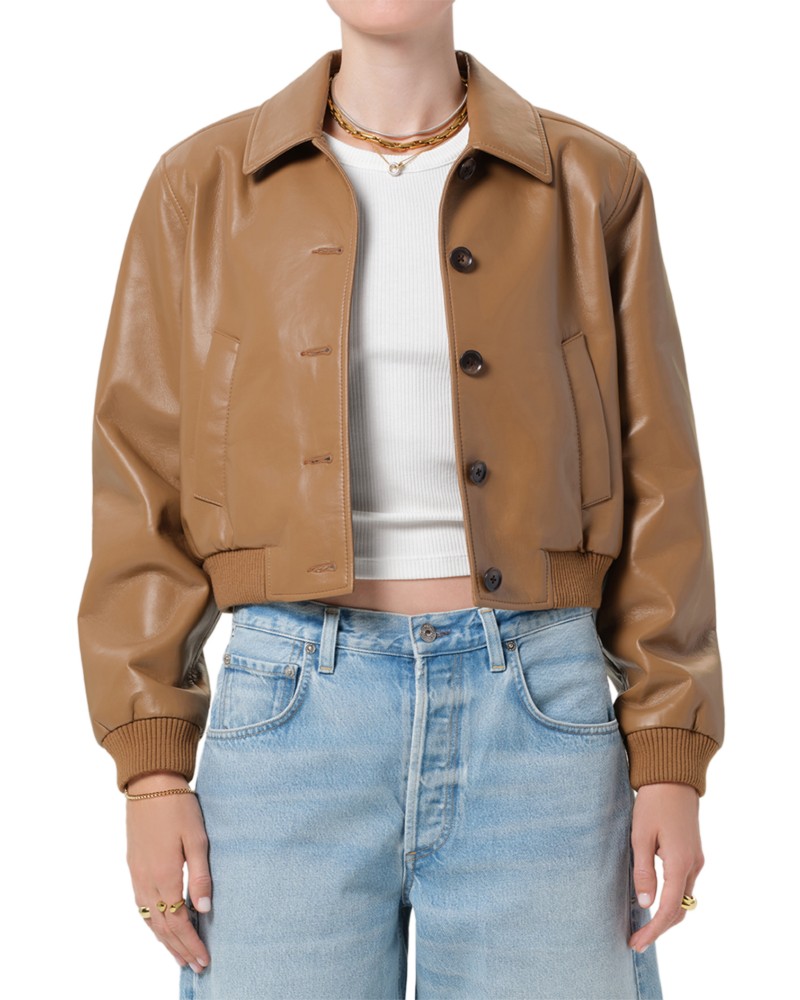 Citizens of Humanity Lola Leather Bomber Jacket in Pale Toffee