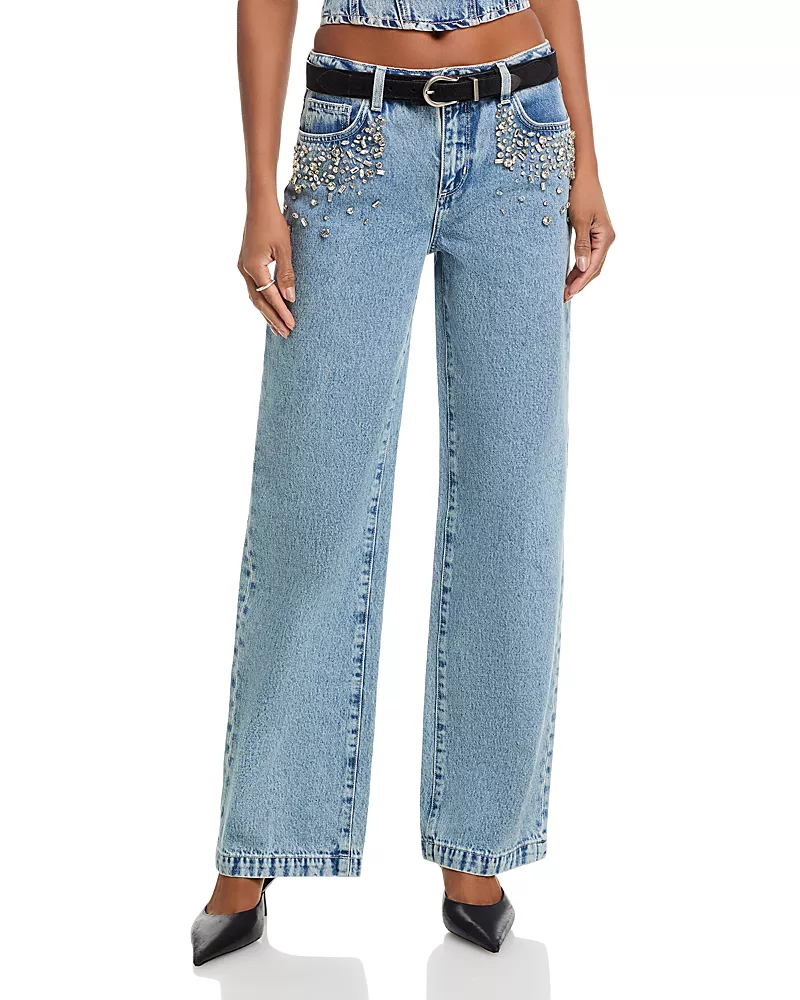 L'Agence Scottie Crystal Embellished High Rise Wide Leg Jeans in Malibu