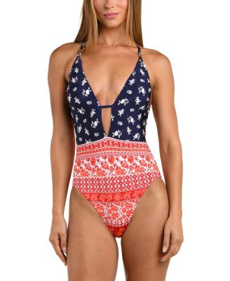 Flowers and Stripes V Plunge One Piece