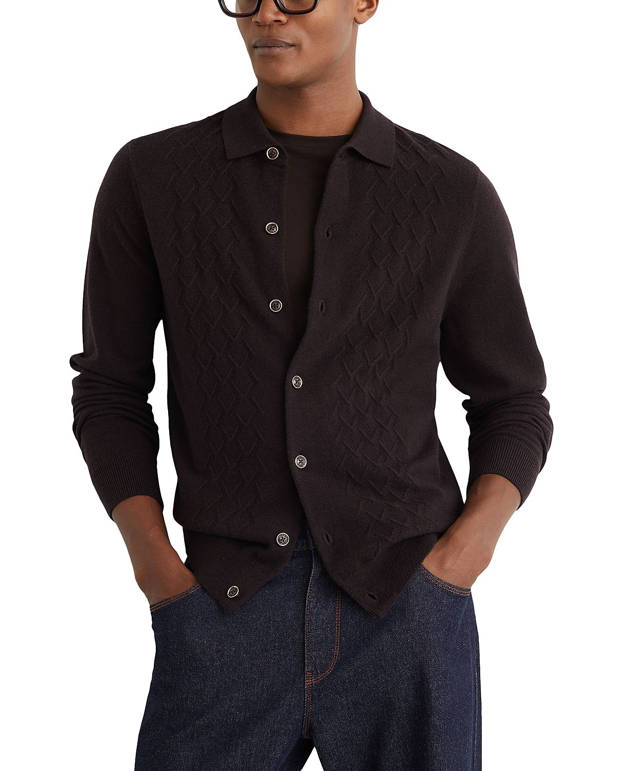 Reiss Gideon Long Sleeve Button Through Stitch Detail Cardigan