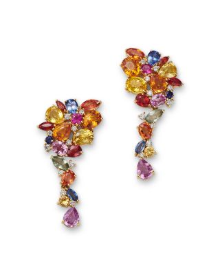 Rainbow Sapphire & Diamond Cluster Drop Earrings in 14K Yellow Gold