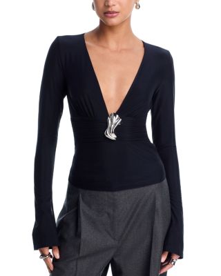 Kate Barton V Neck Brooch Top In Blue