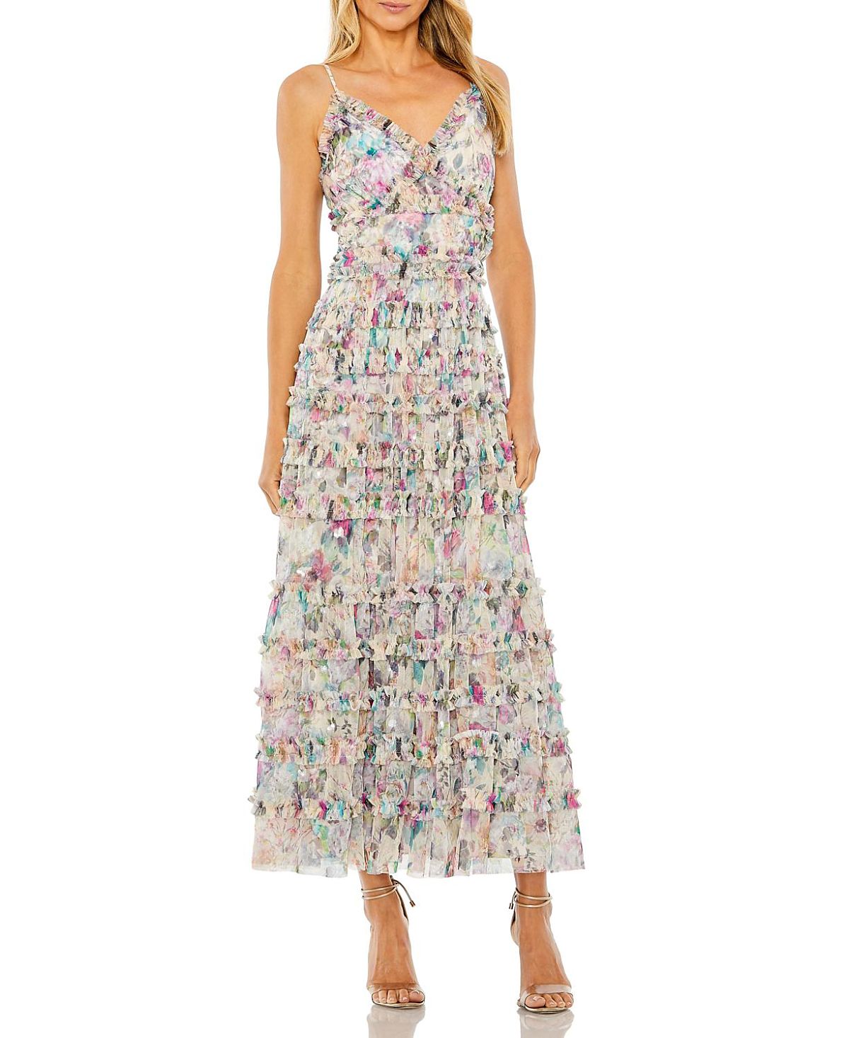 Mac Duggal Sleeveless Floral V-Neck Sequin Detail Ruffle Dress