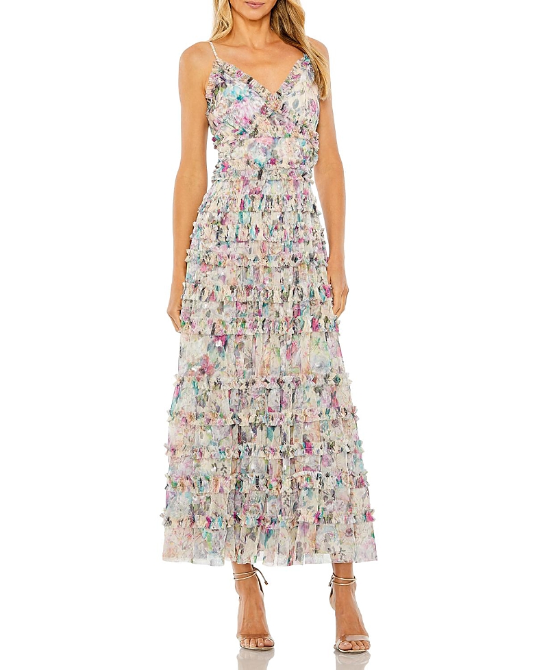Mac Duggal Sleeveless Floral V-Neck Sequin Detail Ruffle Dress