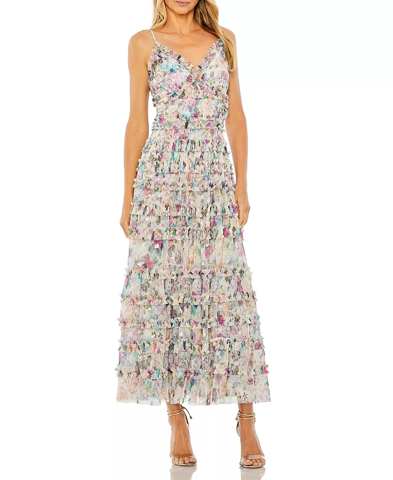 Mac Duggal Sleeveless Floral V-Neck Sequin Detail Ruffle Dress