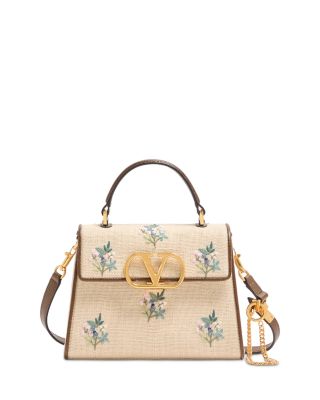 Small VLogo Floral Embroidered Linen Handbag