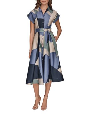 Spread Collar Printed Pleated Midi Shirt Dress