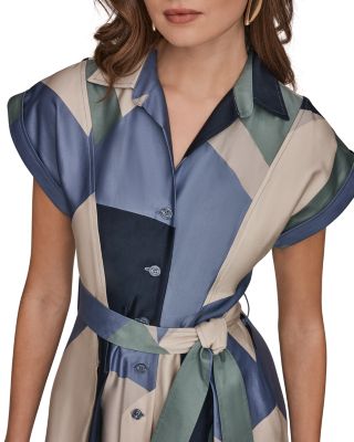 Spread Collar Printed Pleated Midi Shirt Dress