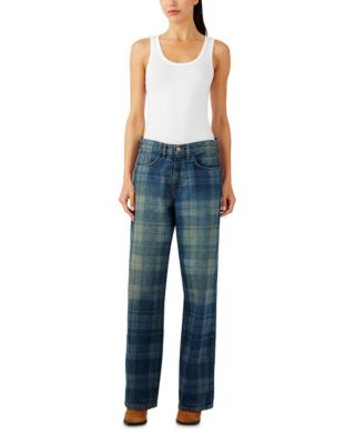 Sparrow Mid Rise Baggy Jeans in Tartan Medium Indigo