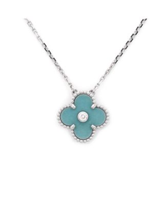  Vintage Alhambra Pendant Necklace 18K White Gold and Green Celadon Sevres Porcelain with Diamond, 16.25"