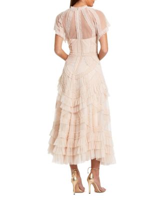 Flutter Sleeve Mesh Midi Dress with Micro Ruffles