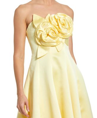 Strapless Satin High Low Gown with 3D Flowers