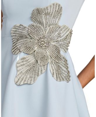  Crepe Sleeveless Mini Dress with Rhinestone Flower