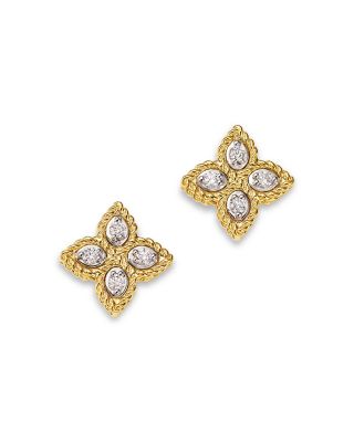 18K White & Yellow Gold Princess Flower Diamond Stud Earrings